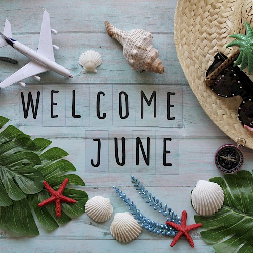 The image features travel and beach items, such as a plane, hat, sunglasses, and shells, surrounding the text 